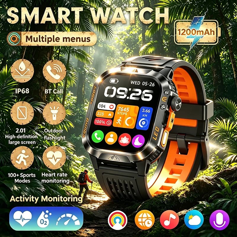 Smartwatch Sportivo 2026 con Batteria Grande da 1200mAh, Assistente Vocale, Monitoraggio Frequenza Cardiaca e Sonno, Torcia, Chiamate Wireless