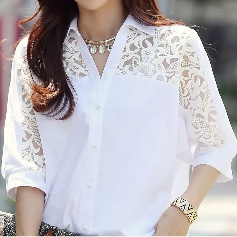 Camicia abbottonata in chiffon bianco patchwork di pizzo sexy per donna Estate casual semplice mezza manica allentata top da donna camicette abbigliamento