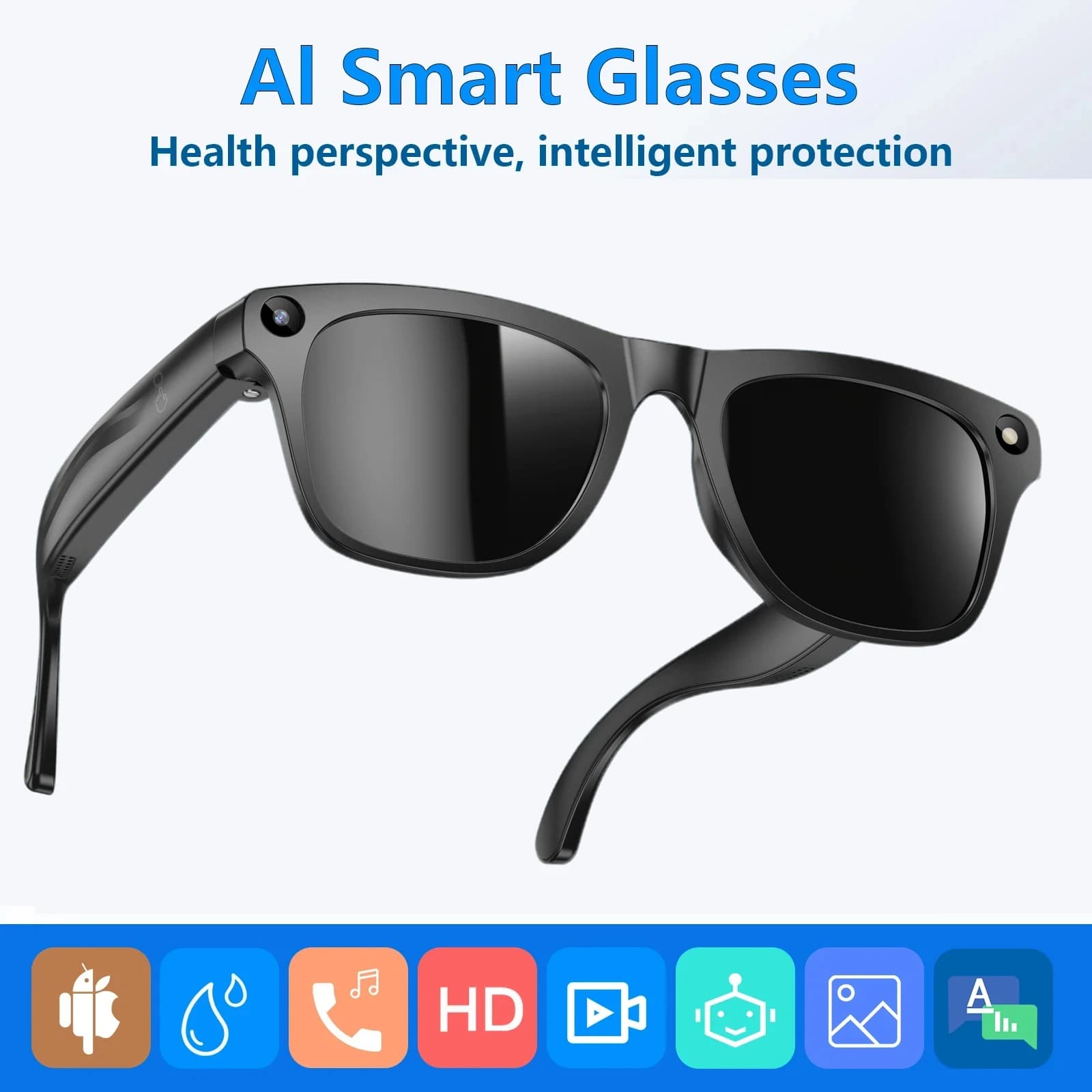 Smart AI Glasses with Camera, AI Photo Recognition, Recording, Bluetooth Calls, Intelligent Translation, Vocal Assistant - Sunglasses for Men and Women