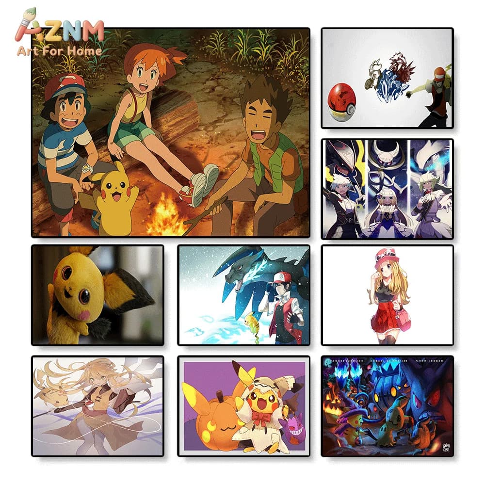 AZNM Pokemon Ash Misty Brock Pikachu Serena Halloween HD Print Frameless Canvas Painting Wall Art Decor for Bedroom Living Roo