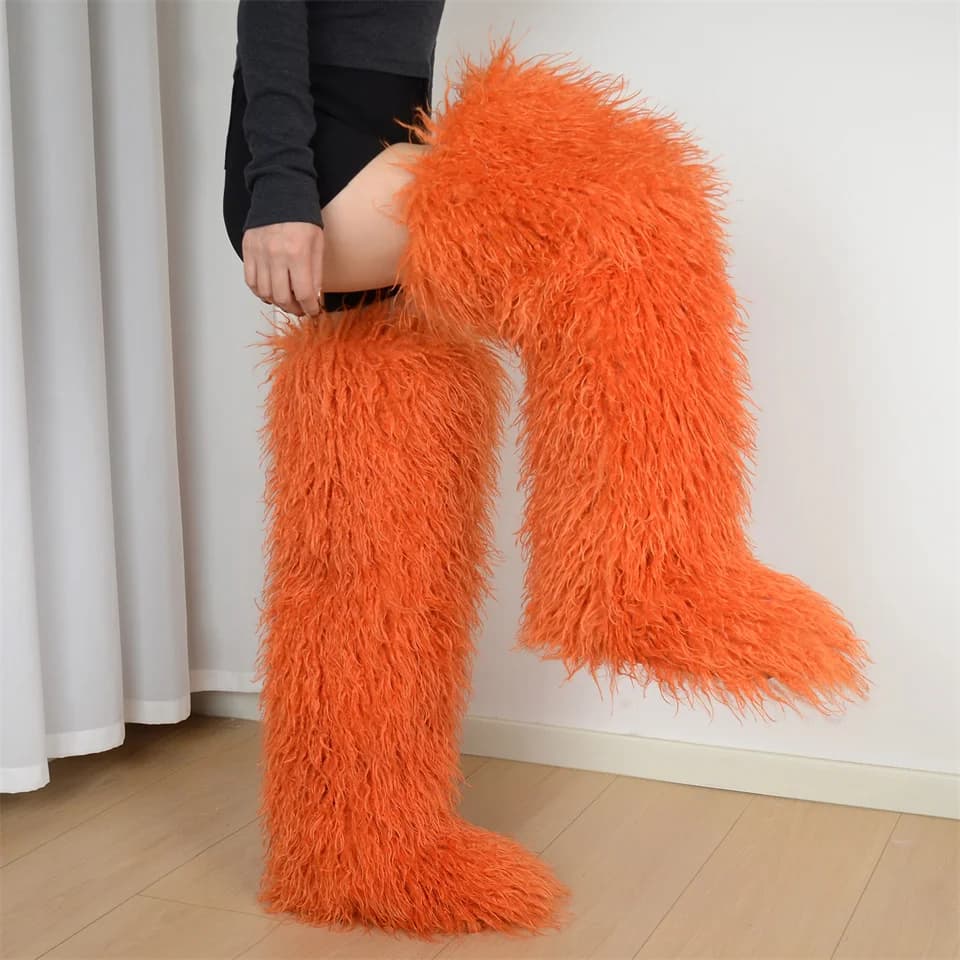 Stivali invernali sopra il ginocchio Scarpe da donna Soffici stivali in pelliccia sintetica mongola Stivali da neve caldi da donna Stivali alti alla coscia in pelliccia pelosa da ragazza