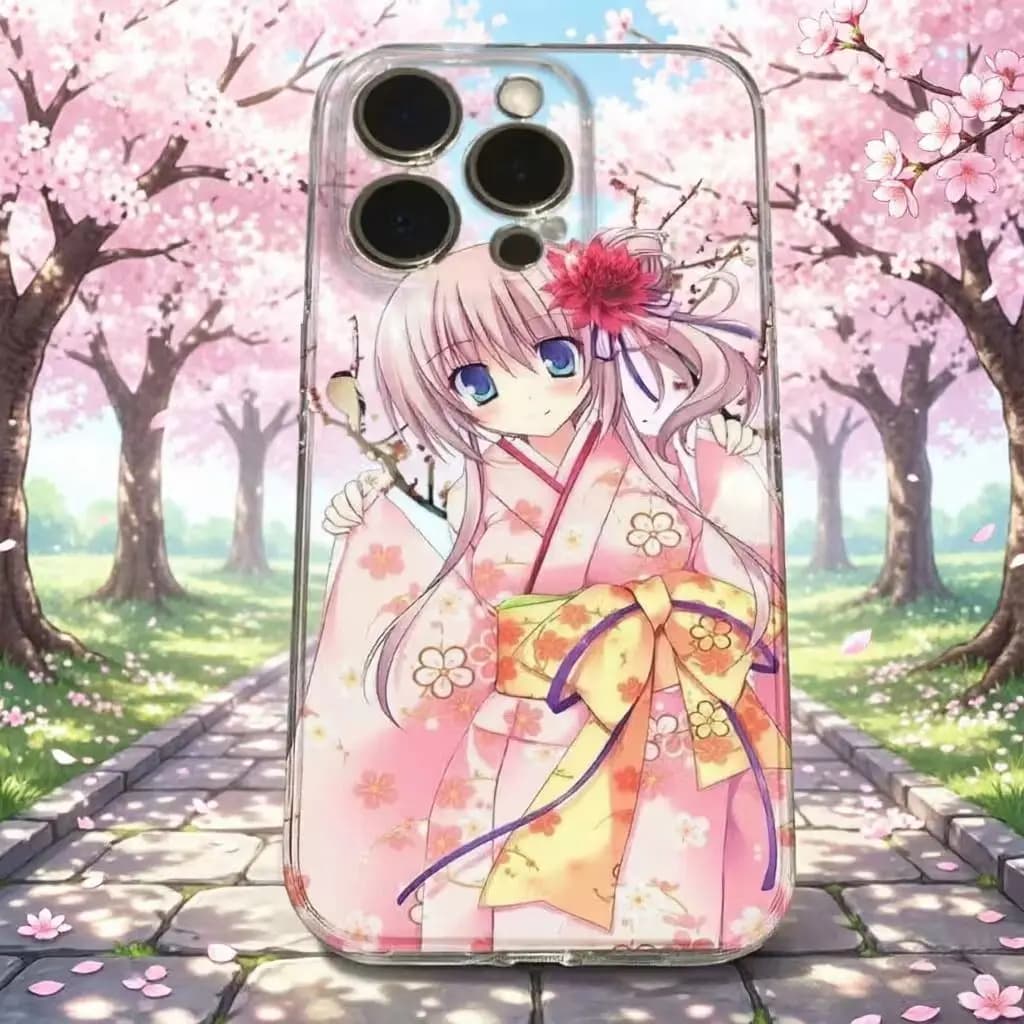 Japanese Cherry Blossom Cute Girl Clear Phone Case For iPhone 11 12 13 14 15 16 17 Pro Max 8 7 Plus X Shockproof Silicone Coque