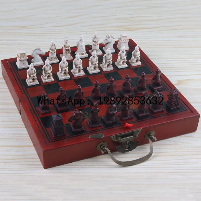 Set di scacchi antico Qz - dimensioni ridotte, pezzi degli scacchi dell'esercito di terracotta di Xi'an, scacchiera pieghevole in legno, pezzi degli scacchi 3D
