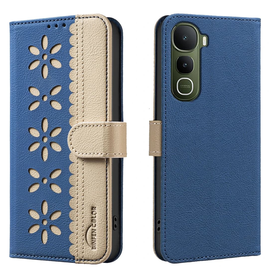 Per vivo Y400 5G Custodia in pelle BINFEN COLOR BF36 Cover per telefono con motivo floreale Supporto per portafoglio con blocco RFID - Blu scuro