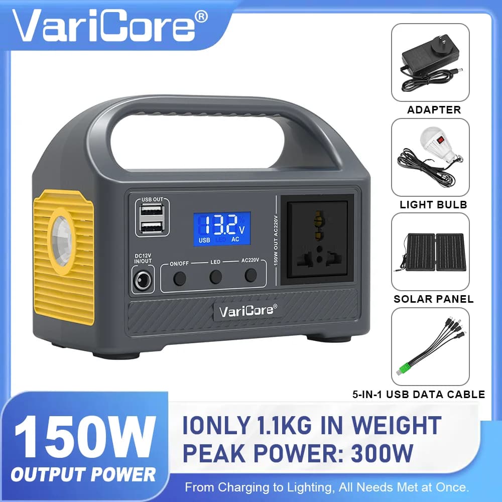Batteria LiFeP04 per centrale elettrica portatile VariCore 150W 300W 12V con prese CA 220V Pannello solare LED per campeggio all'aperto RV Home
