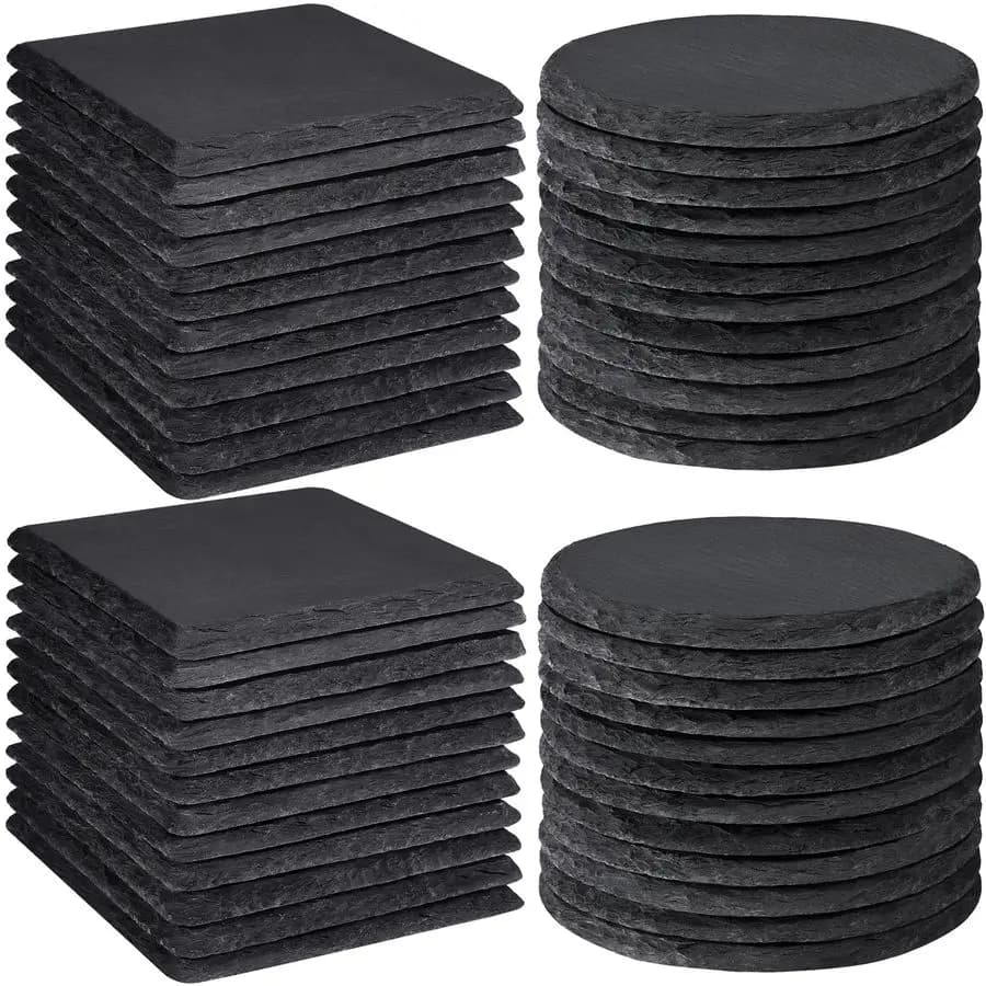 Set of 24 Subsidiaries in Ardesia, Material for Laser Engraving, 4 Inches, 24 Natural Square Parts, 24 Round Pieces in Black Stone