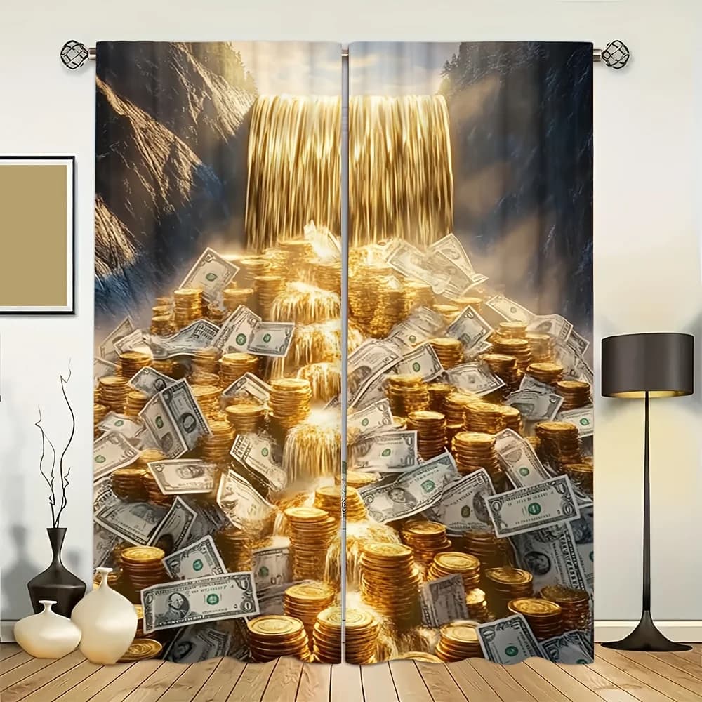 Tende oscuranti con stampa fantasia monete d'oro cadenti per l'arredamento della casa, tende oscuranti con passante per asta per camera da letto