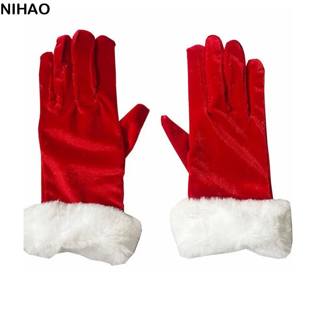 Thickened Christmas Gloves Warm White Fur Trim Velvet Mittens Comfortable To Wear Red Velvet Full Finger Gloves
