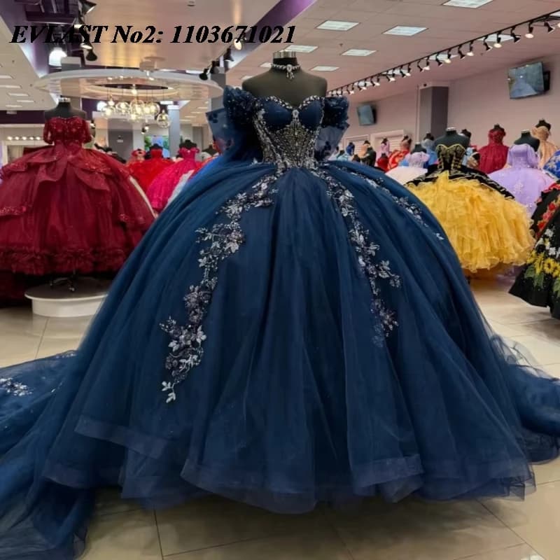 EVLAST Personalizzato Principessa Blu Navy Abito Quinceanera Abito di Sfera Applique Floreale Che Borda Arco Dolce 16 Abiti Da 15 Anos E2QA05