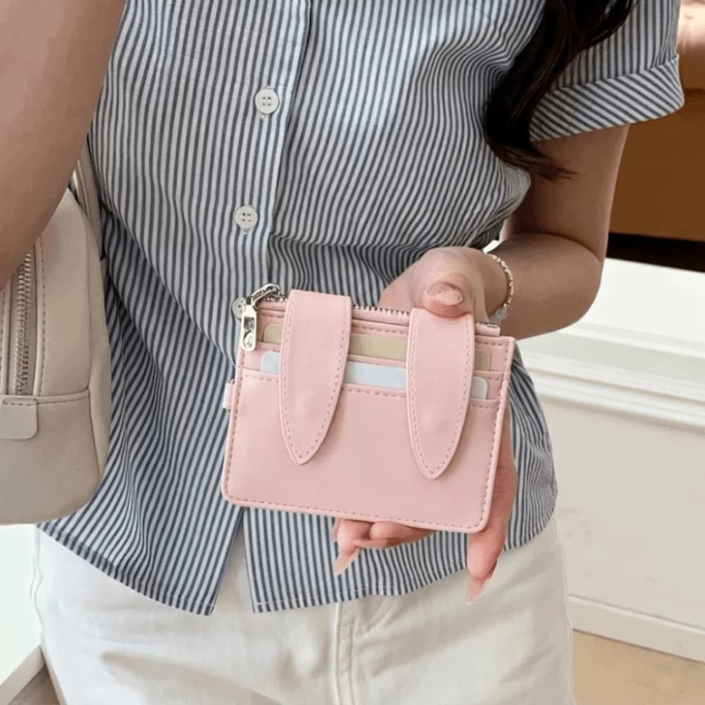 Fashion PU Leather Bunny Ear Card Holder Multi Slots Multi-functional ID Card Case Lightweight Snap Button Card Wallet Commute