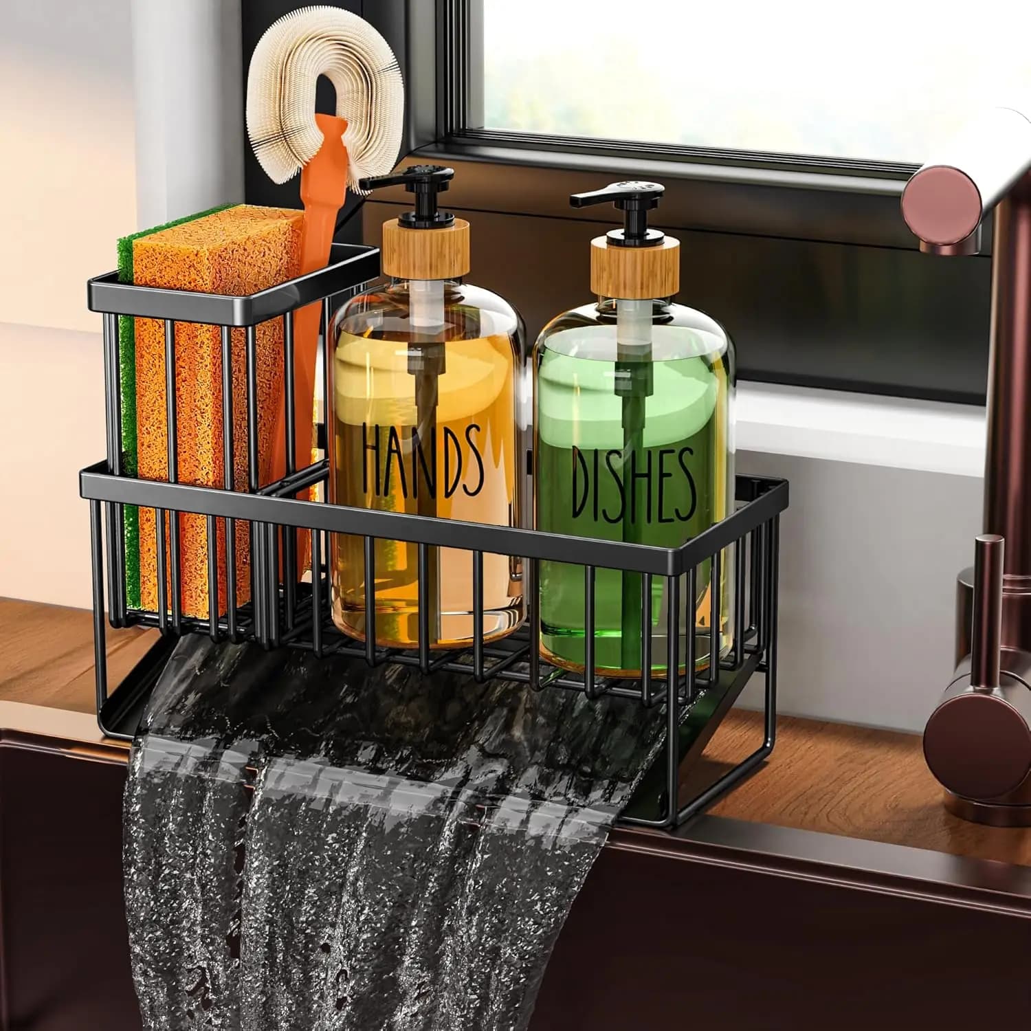 Set Dispenser Sapone Vintage da Cucina con Porta Spugna e 2 Bottiglie in Vetro, Dispenser Trasparenti da 500ml per Lavello, Set Sapone Mani