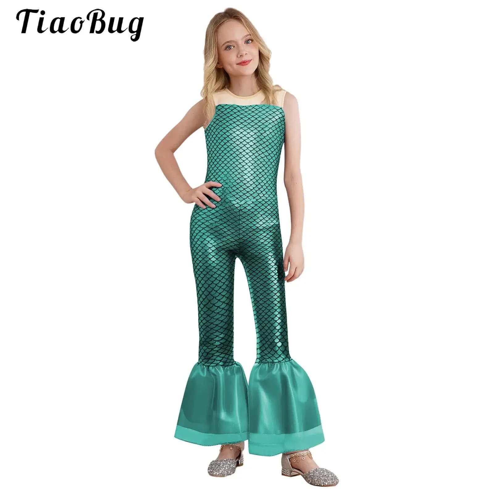 Costume cosplay da sirena di Halloween per ragazze, senza maniche, con stampa di squame di pesce metallico, tuta svasata, tuta da sirena, vestito da festa