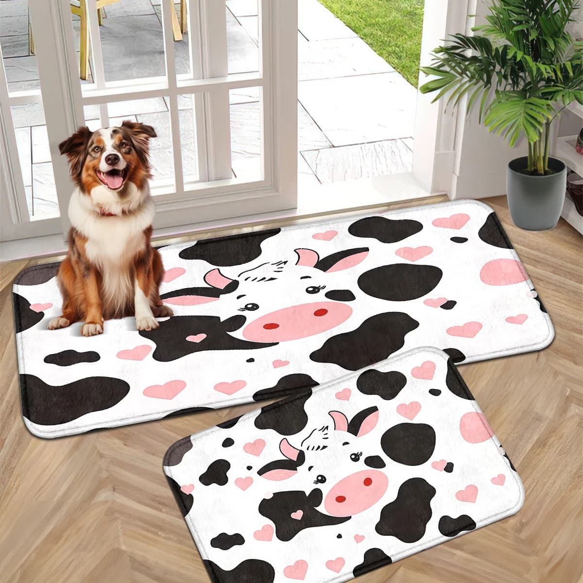 Cow Print Pink Heart Calf Mat, Pink Balloon Star Door Mat, Floral Cow Runner, Green Field Flower Cow Mat Set.