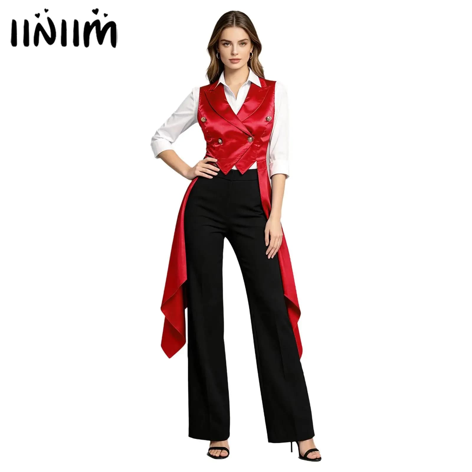 Satin Gothic Victorian Waistcoat For Women Halloween Masquerade Cosplay Costume Irregular Hem Lapel Gold Buttons Vest Jacket Top