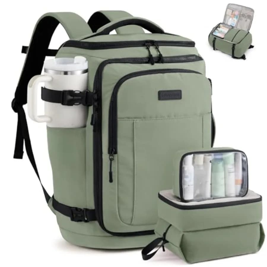 Zaino da viaggio per donna e uomo, 50L, grande, da portare a mano o da depositare in bagaglio, zaino da trekking impermeabile con 3 cubi organizer per 5 articoli