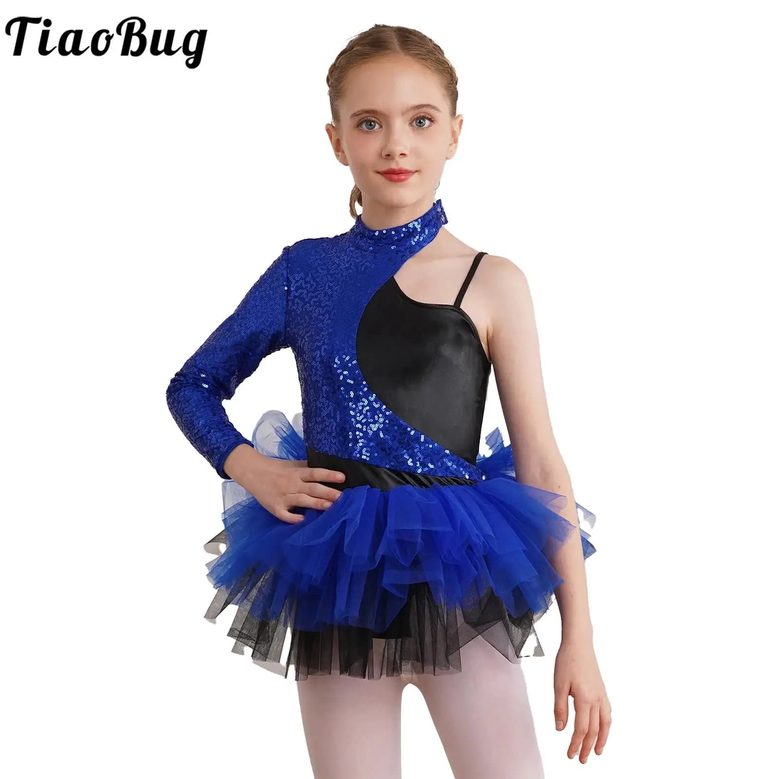 Vestito da ballo per balletto per bambina, gonne in tulle con paillettes, costumi di danza jazz, maniche monospalla, body da ginnastica per pattinaggio di figura