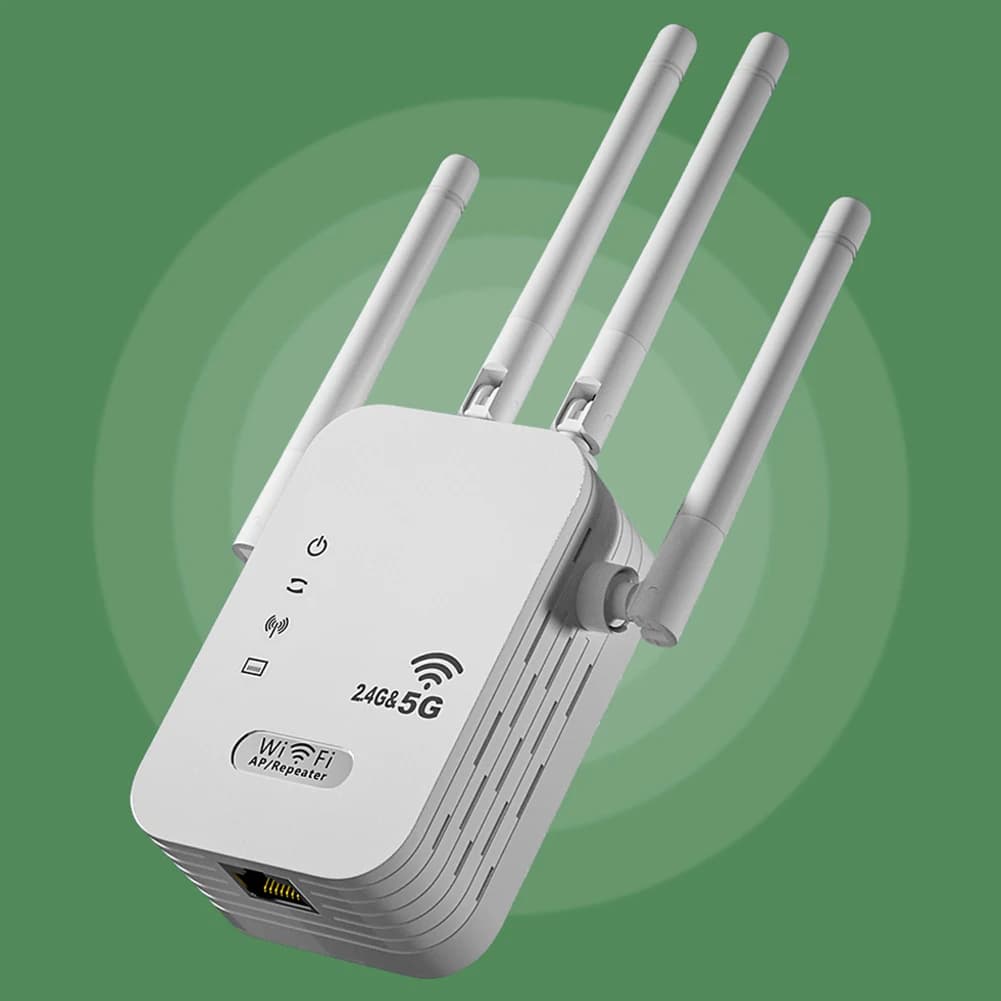 Ripetitore WiFi Wireless 1200Mbps con Porta WAN/LAN, Dual-Band 2.4GHz/5GHz, Estensore WiFi con 4 Antenne, Amplificatore WiFi per Casa