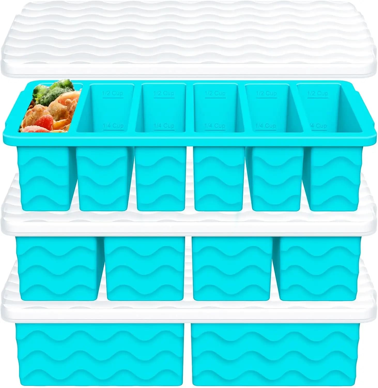 Set di 3 Vaschette in Silicone per Freezer con Coperchio, Contenitori per Zuppe Grandi, Medi e Piccoli per Preparazione Pasti, Stampi per Cubetti di Ghiaccio
