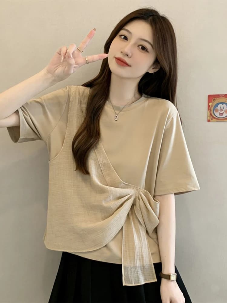 Summer 2026 Women's Loose Fit round Neck Short Sleeve T-Shirt Breathable Gauze Material Slimming High Waist Design Casual Wear