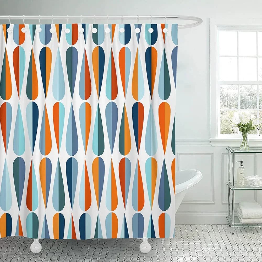 Color Geometric Shower Curtain Set Mid Century Modern Retro Drop Shapes Abstract Art Bathroom Polyester Fabric Curtains Hooks