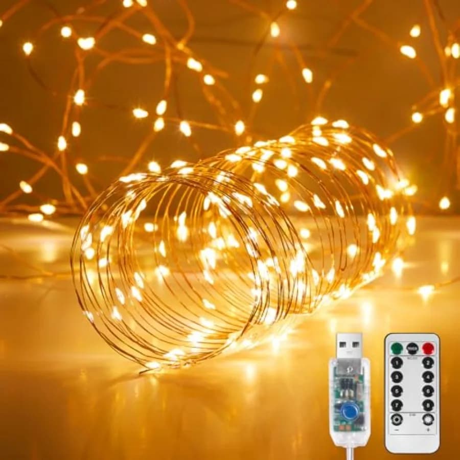 Confezione da 4 32. Luci Fatate USB da 2,4 m con Telecomando e Timer, 100 LED USB, Luci Scintillanti - Filo Argentato, 8 Modalità, Impermeabili
