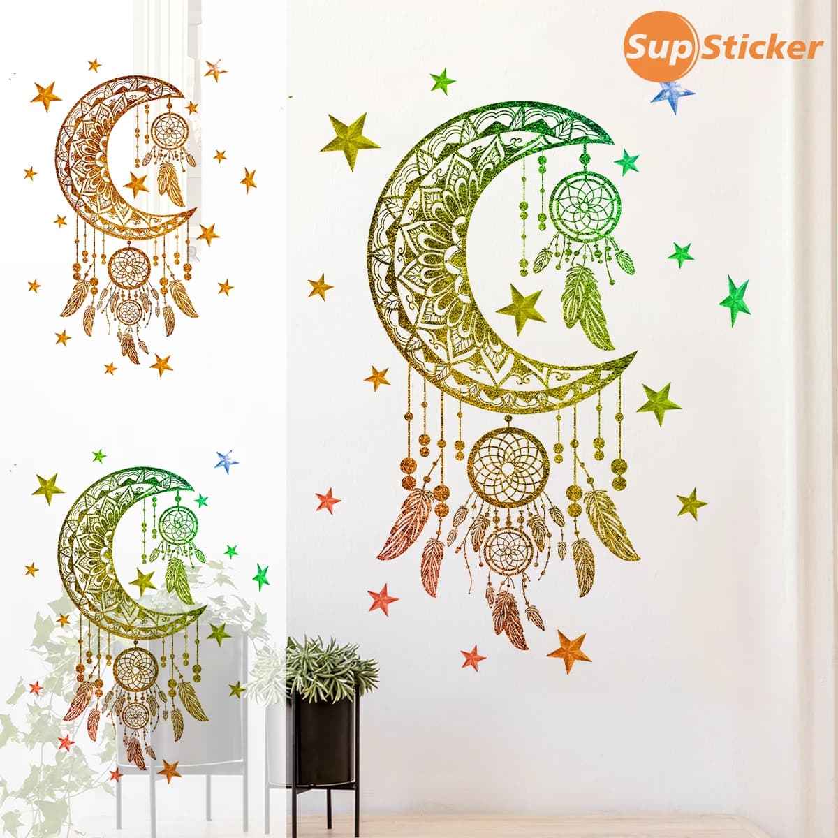 Moon Dreamcatcher Wall Decal, Boho Glitter Star Wall Sticker, Removable Art Decor