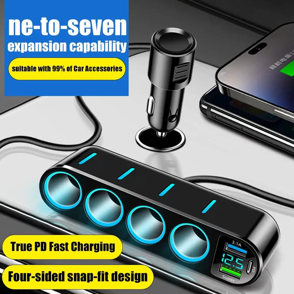 Caricabatterie per Auto 12V/24V, Adattatore per Accendisigari con Ricarica Rapida USB PD, Presa Multifunzione 4-in-1