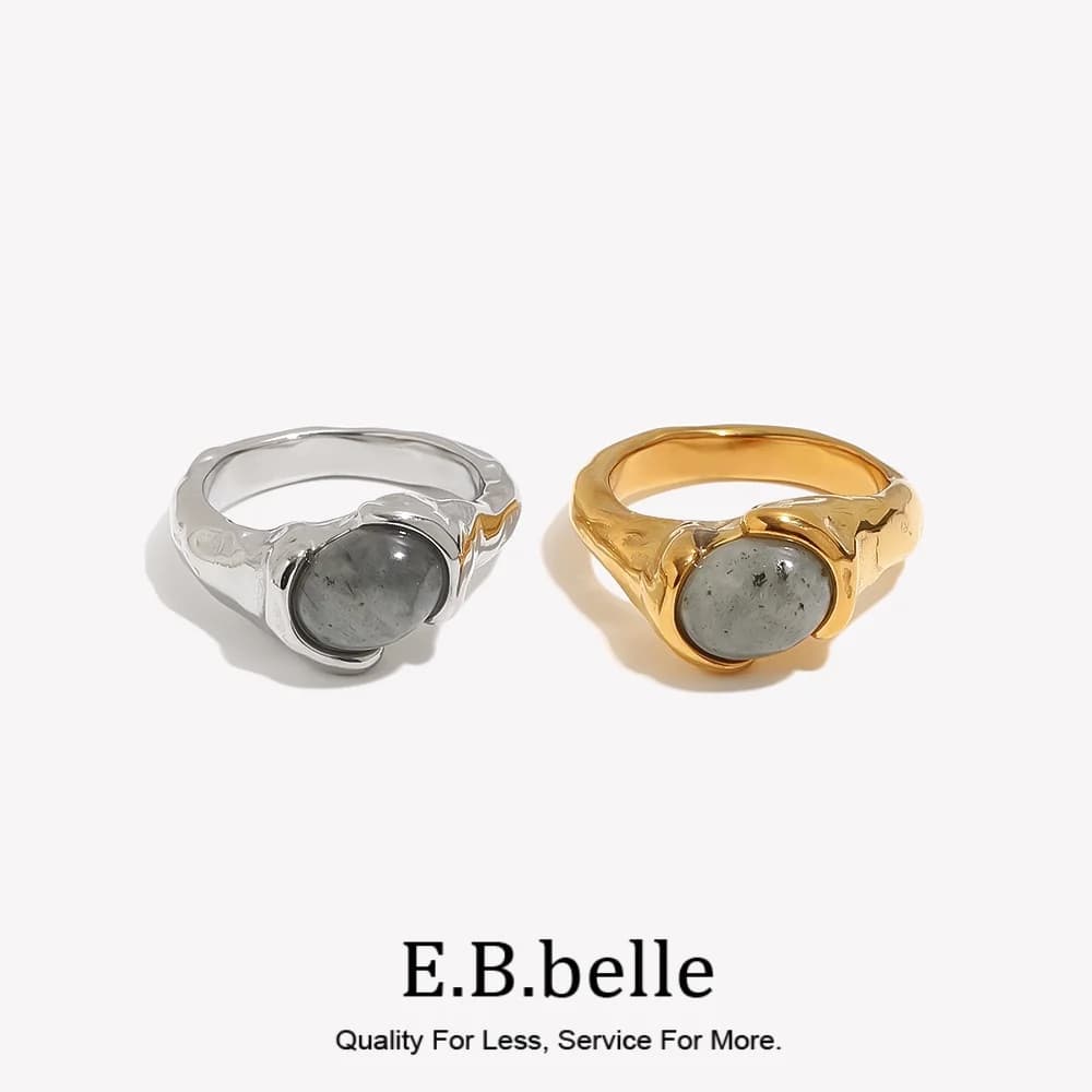 E.B.belle Molten Hammered Irregular Natural Grey Stone Ring 18K Gold Plated Stainless Steel Women Rings Fashion Ladies Jewelry
