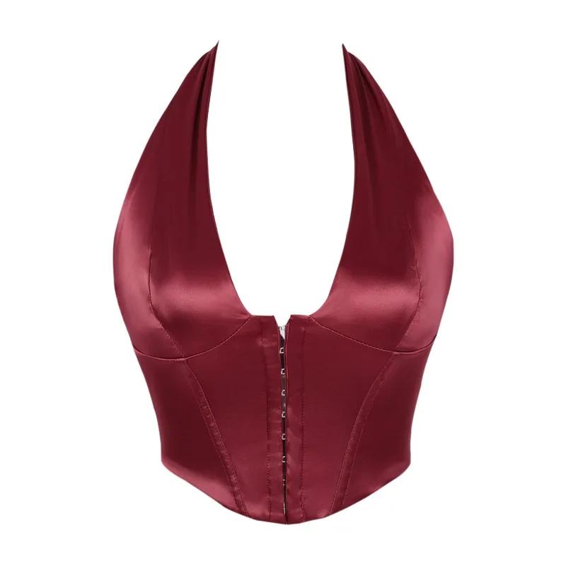 Women Lace-up Sleeveless Halter Cardigan Sexy Party Satin Corset Bustier Tank Tops Summer Streetwear Lingerie Vest Camisole