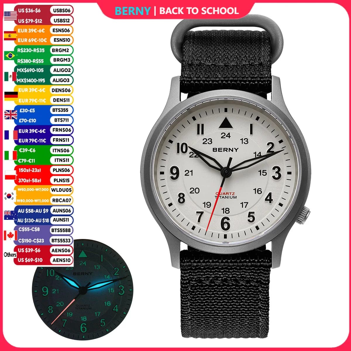 BERNY Orologi in titanio da uomo Orologio classico da uomo da campo Orologio da polso al quarzo da esterno di facile lettura Super luminoso con zaffiro 5ATM