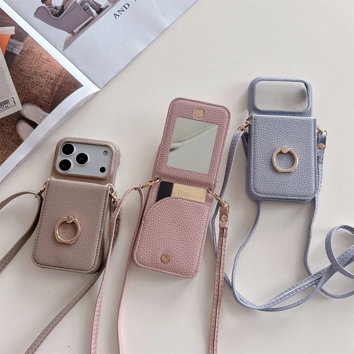 Shoulder strap with ring card holder Mirror for makeup Wallet Phone Case for IPhone 17 Air 16E 15 14 Plus 13 12 11 Pro Max Cover