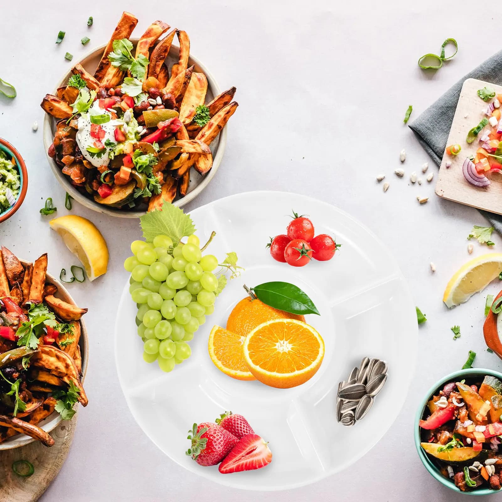 Set di 2 Piatti per Dessert e Frutta, Vassoio di Servizio a 5 Scomparti per Snack, Antipasti, Frutta Secca, Piatto Compatto per Organizzazione da Tavolo