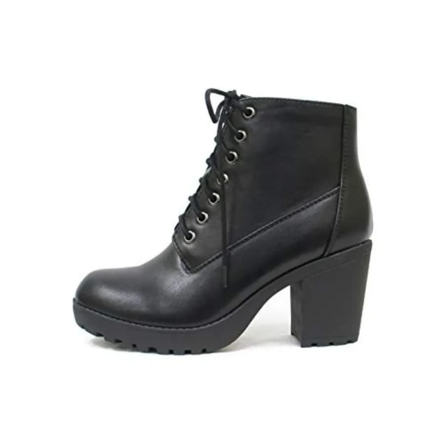 Second Lug Sole Chunky Heel Combat Ankle Bootie Lace up w/Side Zipper