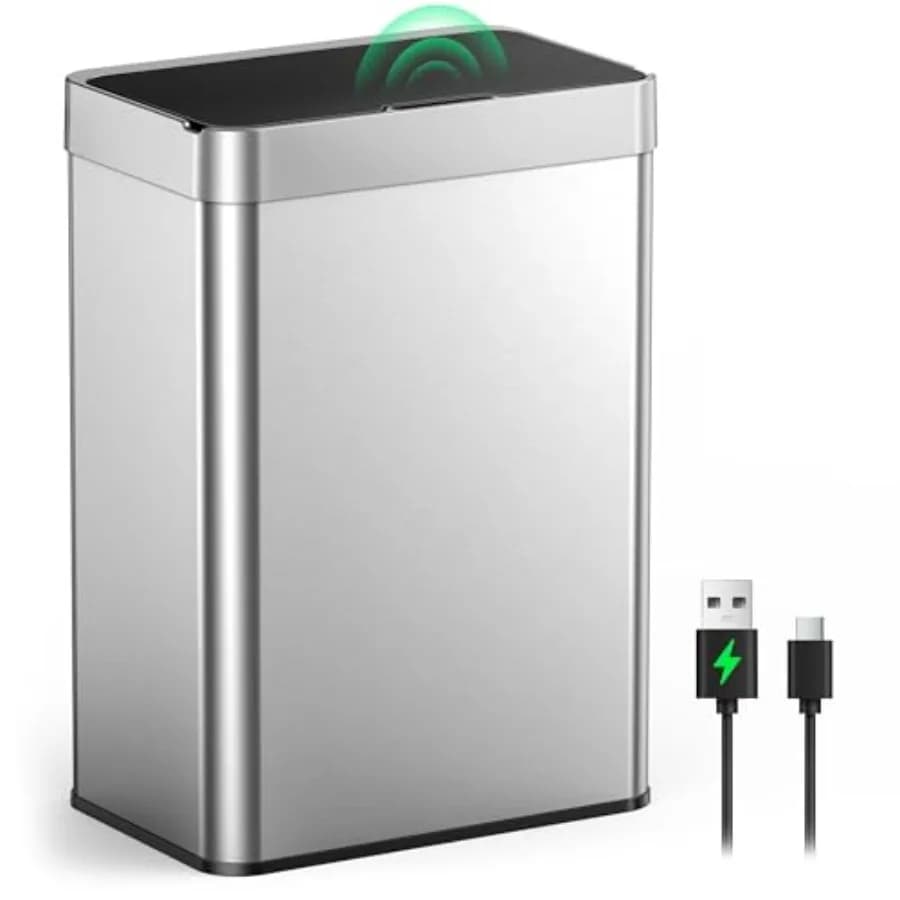 Cestino per rifiuti da cucina: in acciaio inossidabile argento, con sensore di movimento touchless, chiusura silenziosa e batteria ricaricabile tramite Type-C