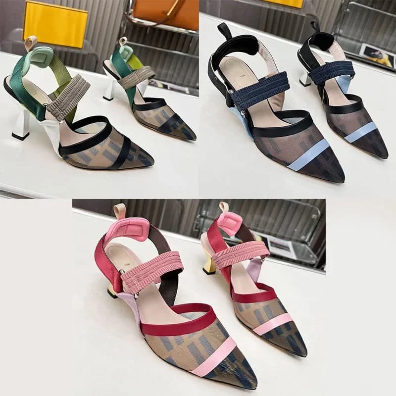 Sandali Slingback da Donna in Tessuto a Rete, Scarpe Basse Eleganti con Tacco Alto in Metallo, Scarpe da Cerimonia Colorate Scavate