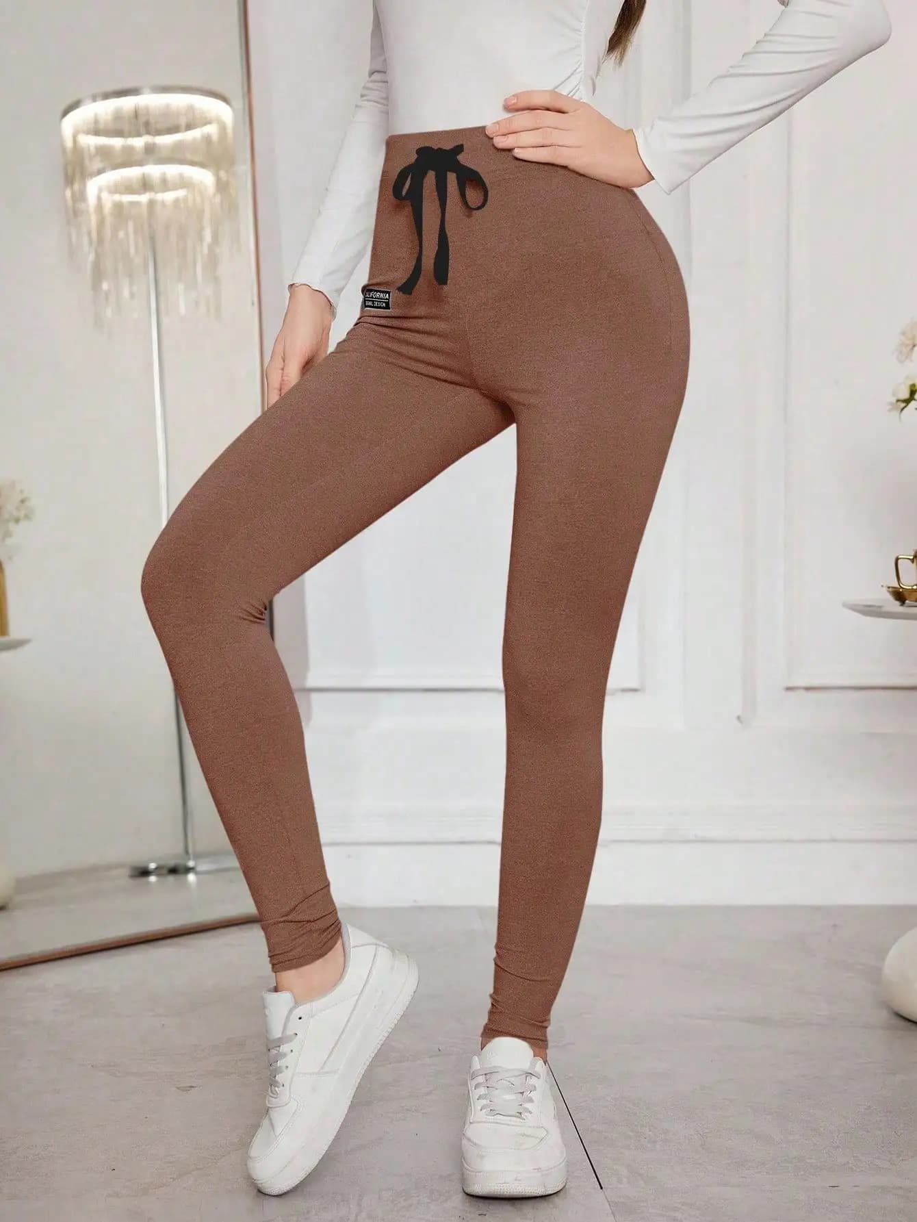 Leggings elasticizzati a vita alta con coulisse in tinta unita per donna