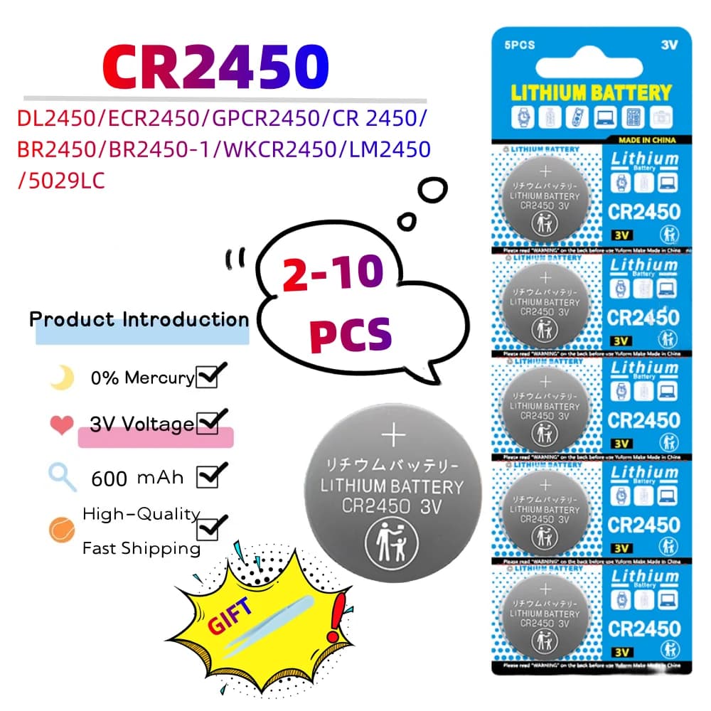 2-10PCS CR2450 3V Lithium Batteries DL2050 BR2450 LM2450 KCR5029 5029LC For Remote Control Watch Toys LED Light Button Coin Cell