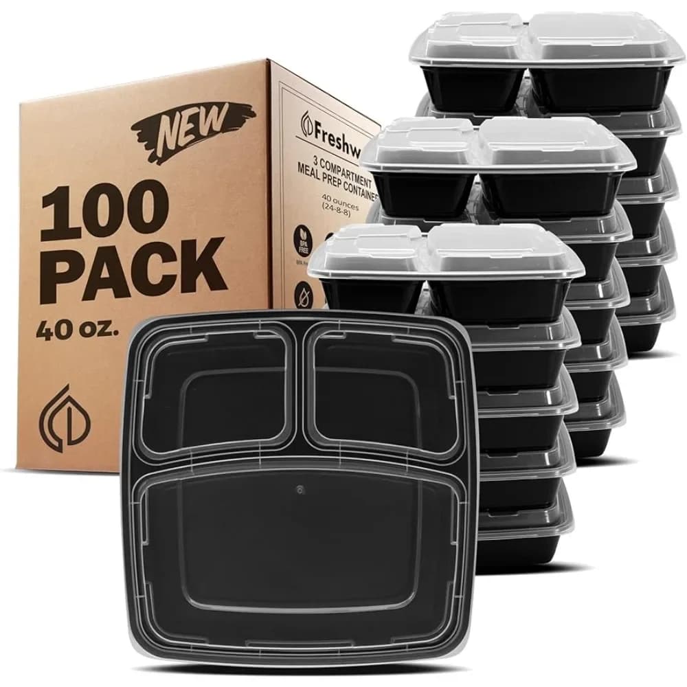 Nuovi contenitori per la preparazione dei pasti [confezione da 100] 3 scomparti con coperchi, contenitori per alimenti, senza BPA, bento box