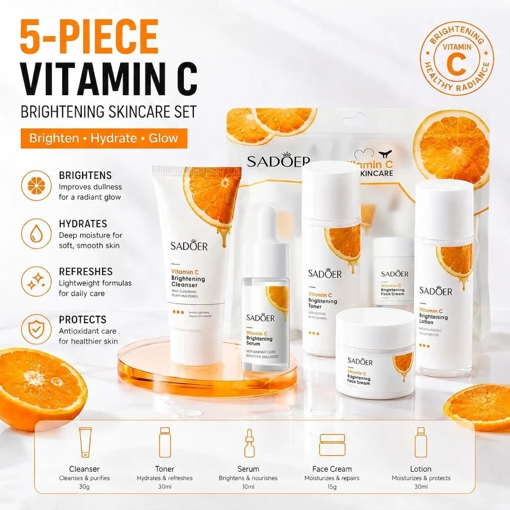 Kit da Viaggio Compatto alla Vitamina C, Set Mini Skincare 5 Pezzi, Detergente Idratante, Include Detergente Viso, Tonico, Lozione, Siero