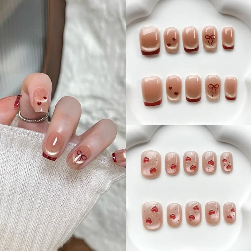 10 Pezzi Adesivi per Unghie Stile Francese, Simpatici e Dolci, con Effetto Blush in Polvere e Occhio di Gatto, Unghie Finte Press-on