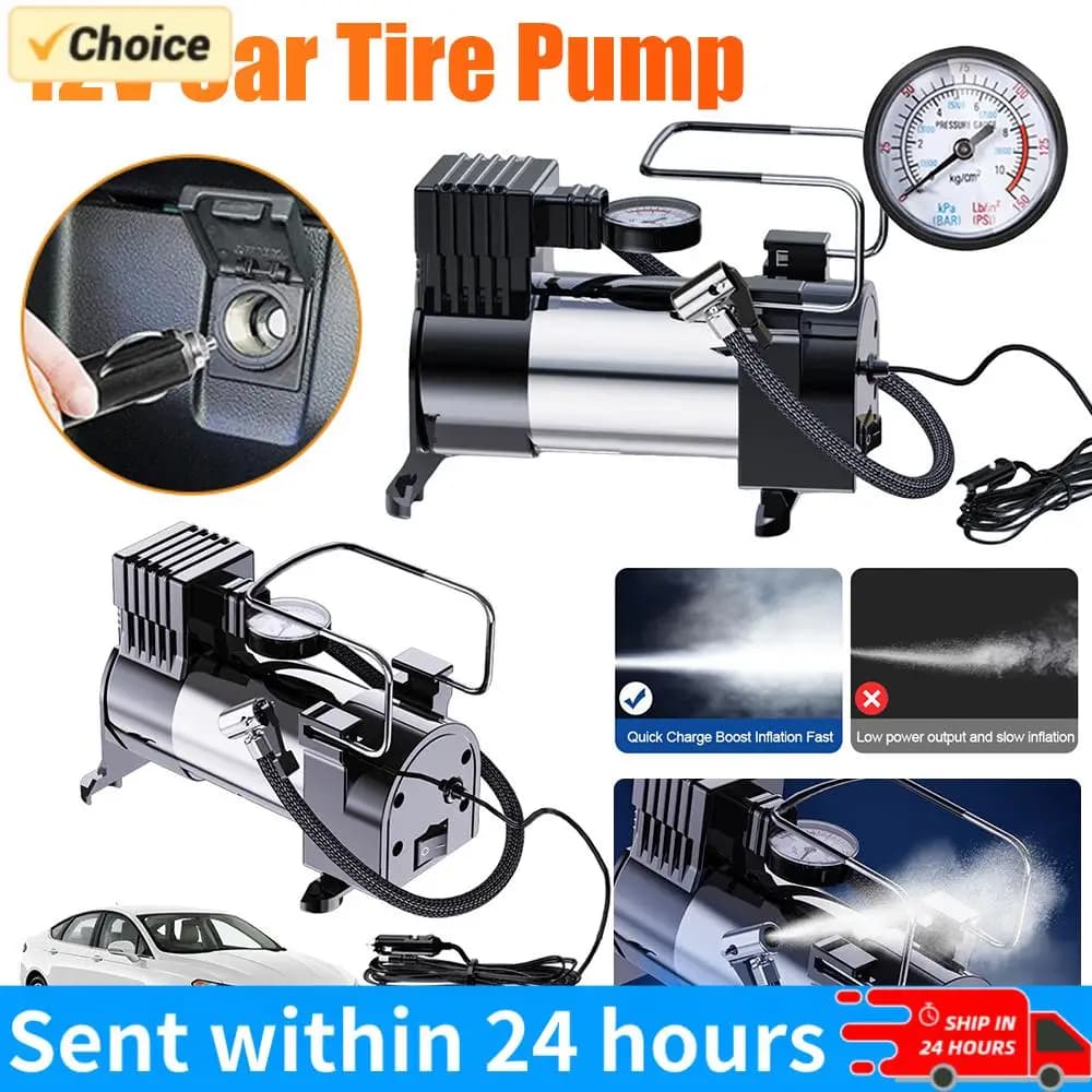 Compressore d'aria portatile 12V per pneumatici auto, gonfiatore elettrico per gomme, sistema di alimentazione cilindrico, pompa per pneumatici auto, compressore d'aria in metallo resistente Deluxe