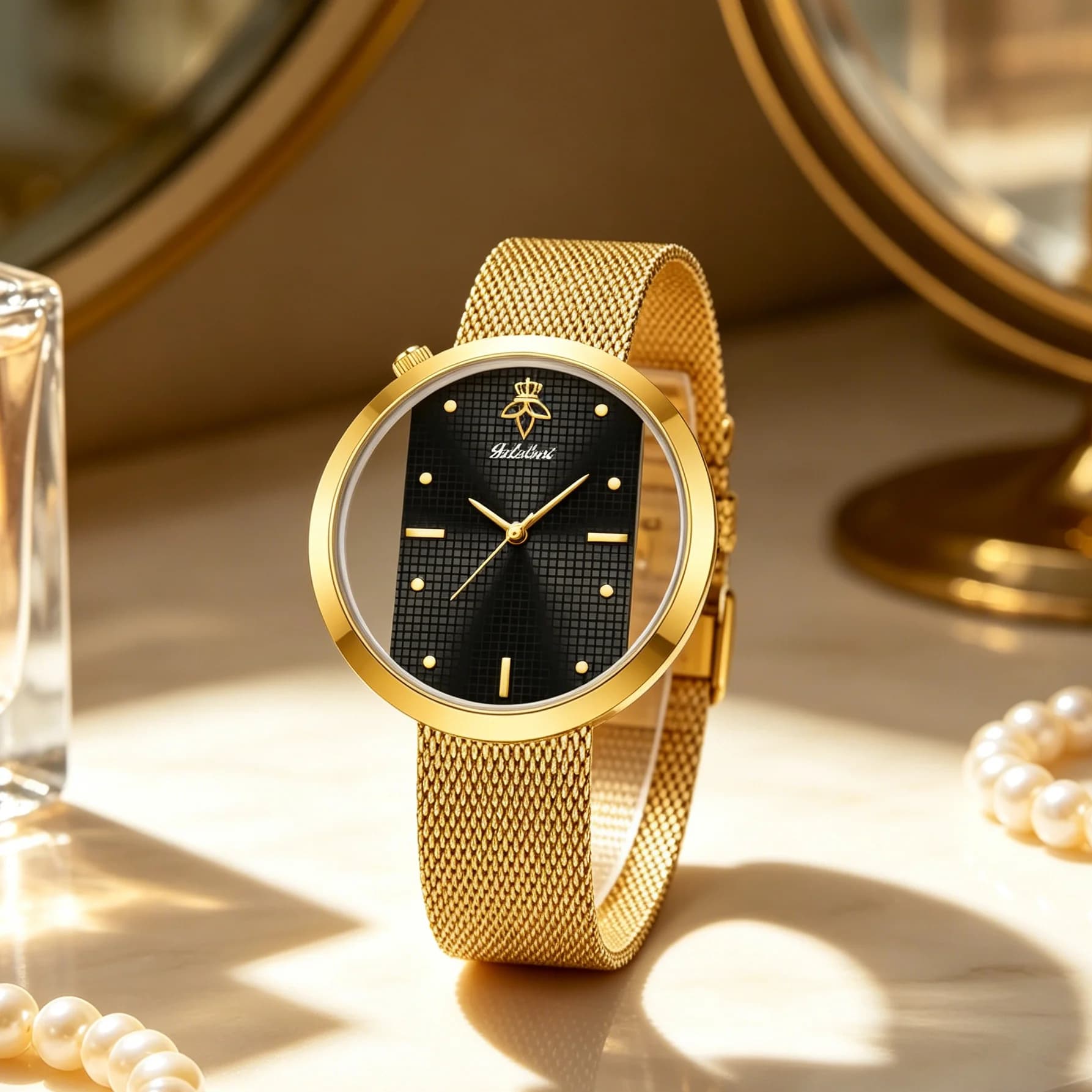 Yalalusi Luxury Women Quartz Watch Black Grid Dial Gold Mesh Strap Minimalist Analog Wristwatch Waterproof Elegant Ladies Dress Watch Gift