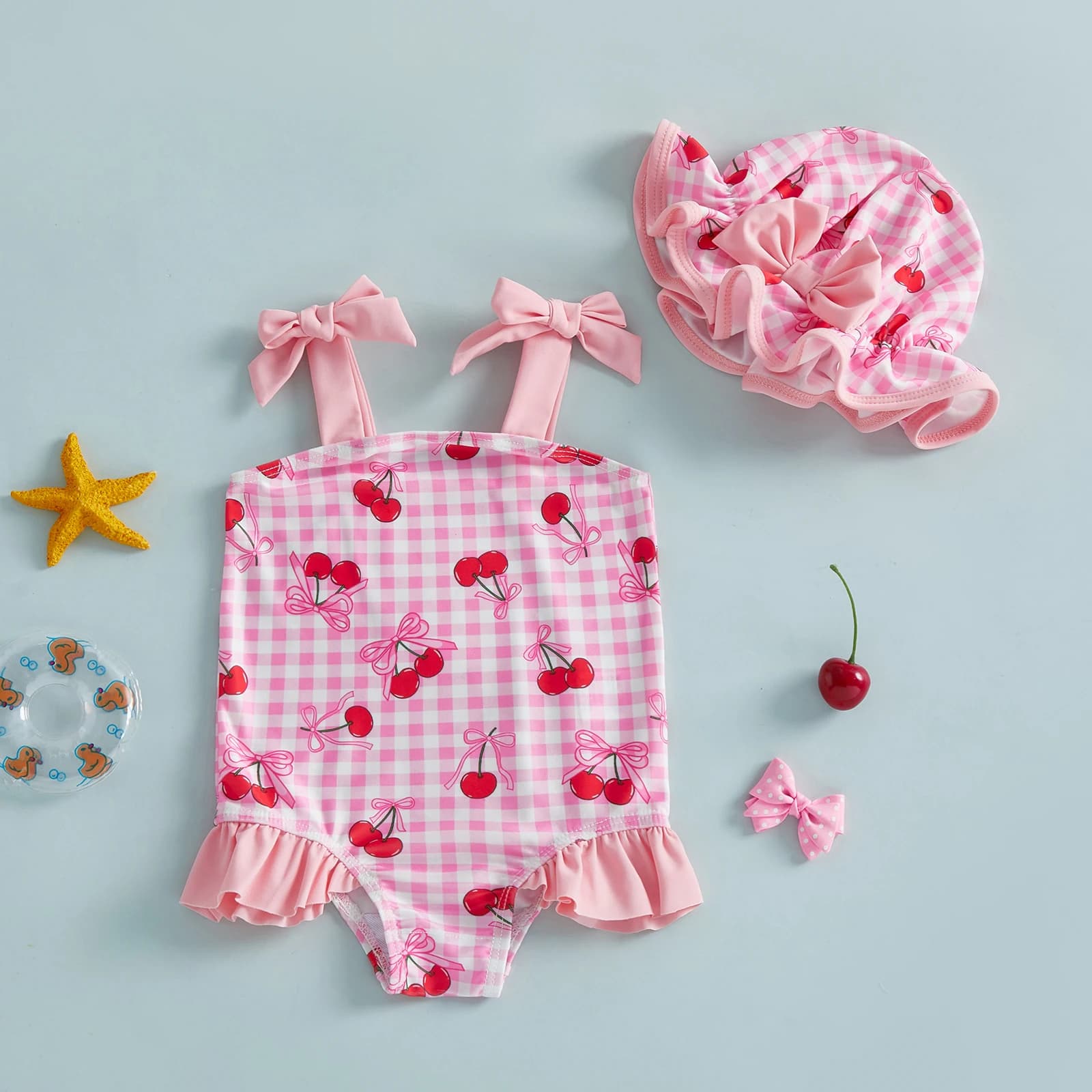 Costume da bagno estivo per bambina, carino costume da bagno con stampa fragola/cerchietto/ciliegia, senza maniche, con laccetti sulle spalle e cappuccio da bagno