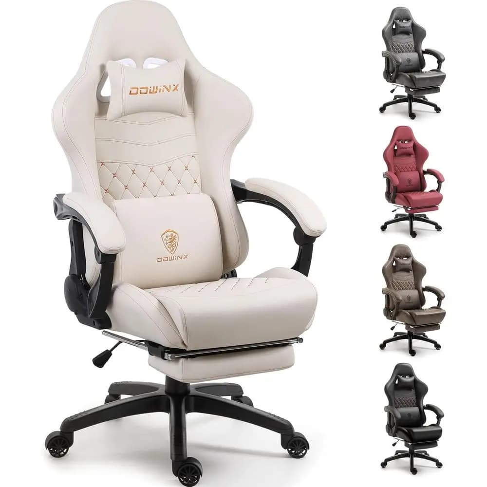 Ergonomic High-Back Gaming Chair with Footrest and Lumbar Support, Comfortable for Big & Tall Adults up to 350lbs, Ivory PU Leat
