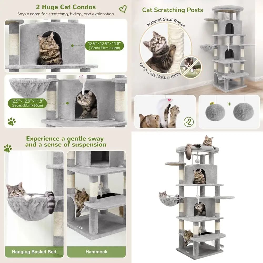 Albero per Gatti Curvo Alto 168 cm con 6 Tiragraffi, 2 Cucce, Amaca e Cesto Sospeso per Gatti di Taglia Grande da Interno, Grigio Chiaro