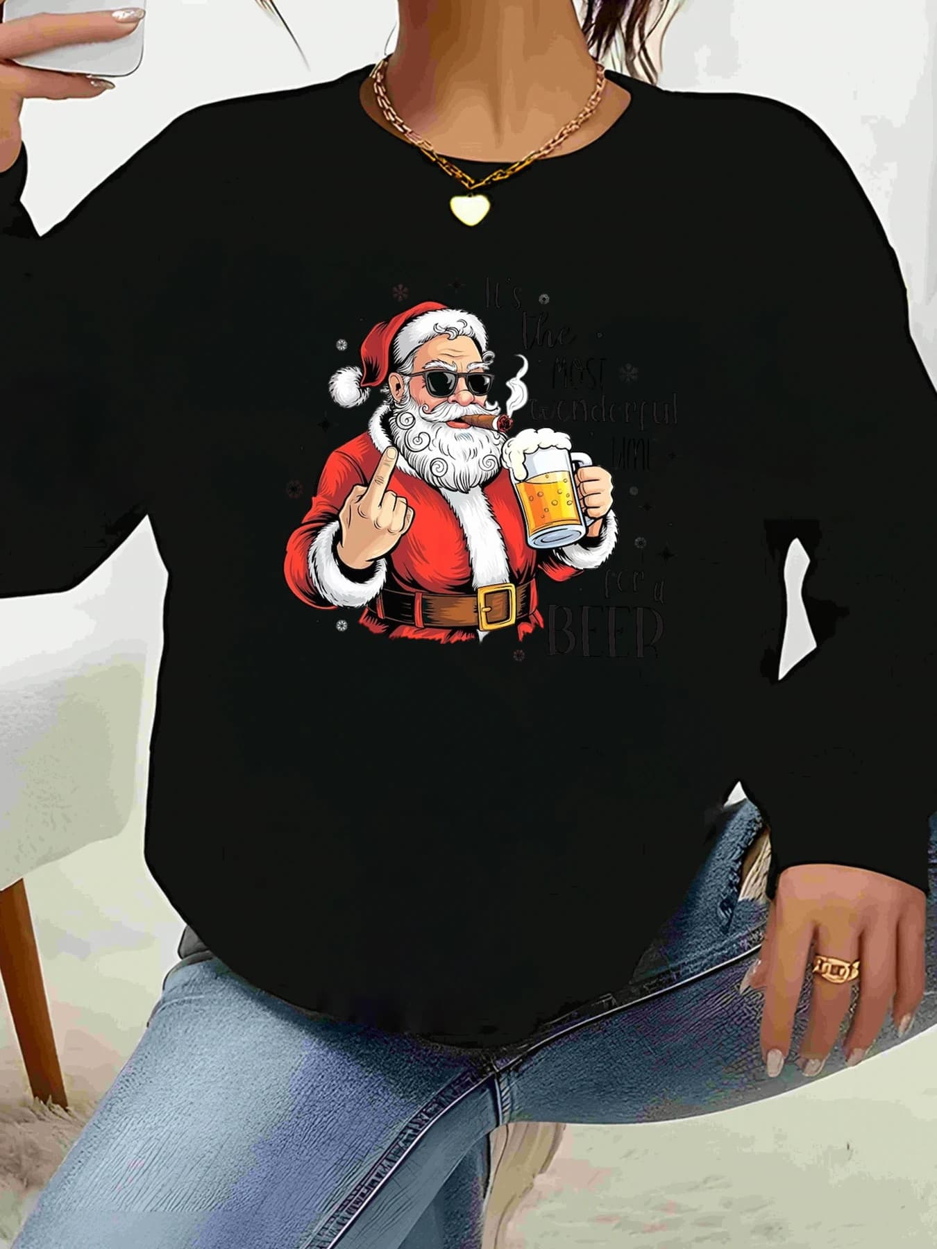 Santa Claus with Beer and Sunglasses Print Christmas Long Sleeved Top Casual Women's Holiday Clothing