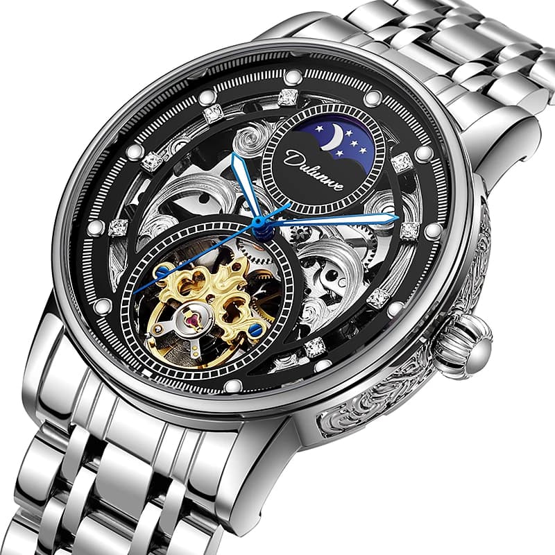 Dulunwe Orologio da uomo con movimento automatico scheletrato di lusso originale delle migliori marche Orologio da polso meccanico elegante da uomo