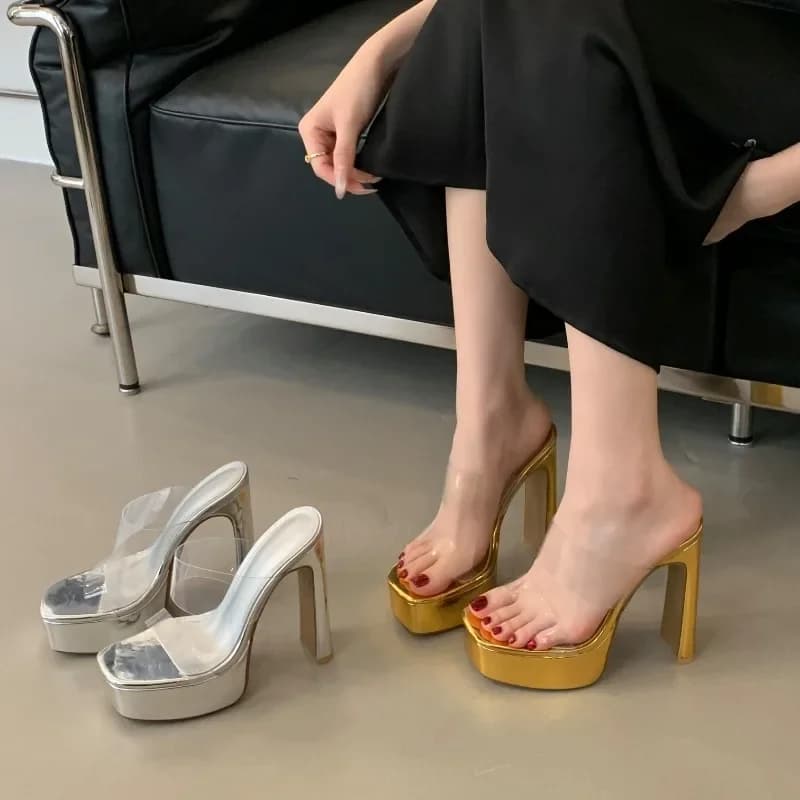 New Style Transparent Platform Slippers Signed Women's Square Tip High Heels Slides Summer Shoes Women Zapatos De Mujer