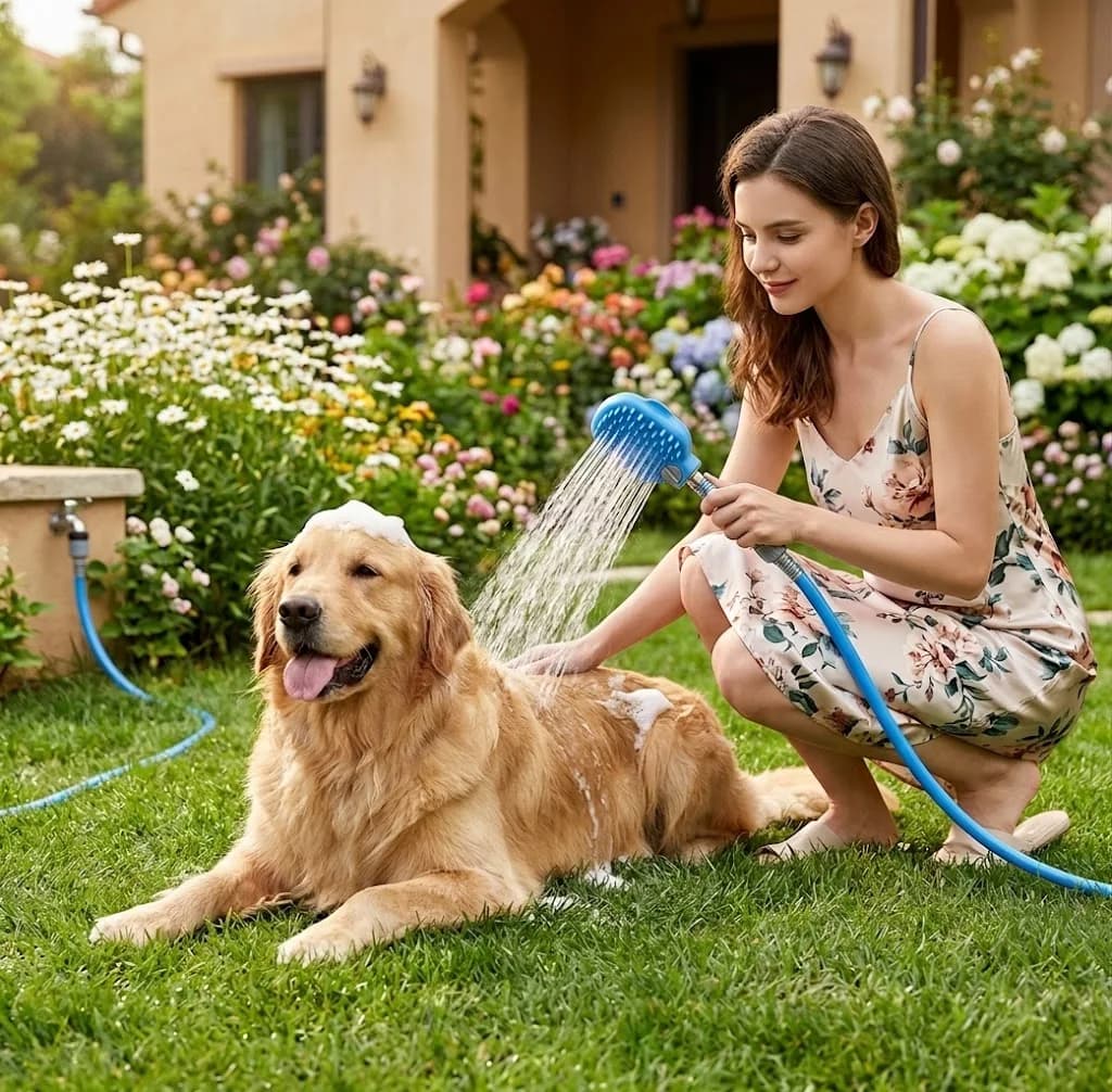 2-in-1 bath brush for Dogs and Cats with Tube and Sprayer, Silicone Massage bristles, Connectable to the Garden Faucet, for All Domestic Animals