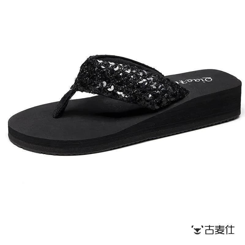 Women's Summer Fashionable Outdoor Wear Thick Bottomed Beach Sandals Anti-Slip Platform Slippers Shiny Sequin between Foot Sl...